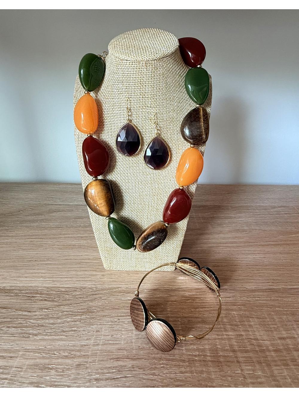 Festival Boho Jewelry Set - Earth Tone Chunky Beaded Necklace & Bracelet